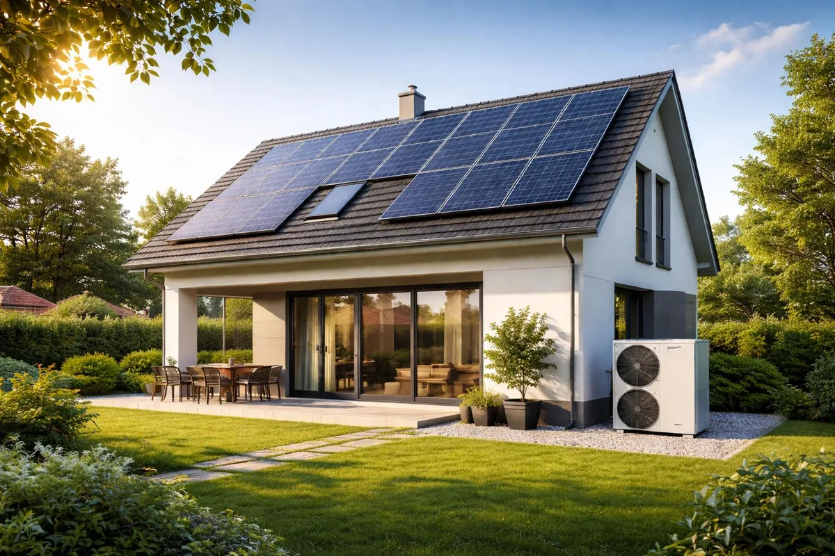 Modernes, energieeffizientes Haus mit Photovoltaik und Wärmepumpe